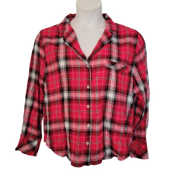 Victorias Secret L Red Plaid 2 Piece Pajama Set Lace Trim Shirt Shorts - Picture 3 of 13